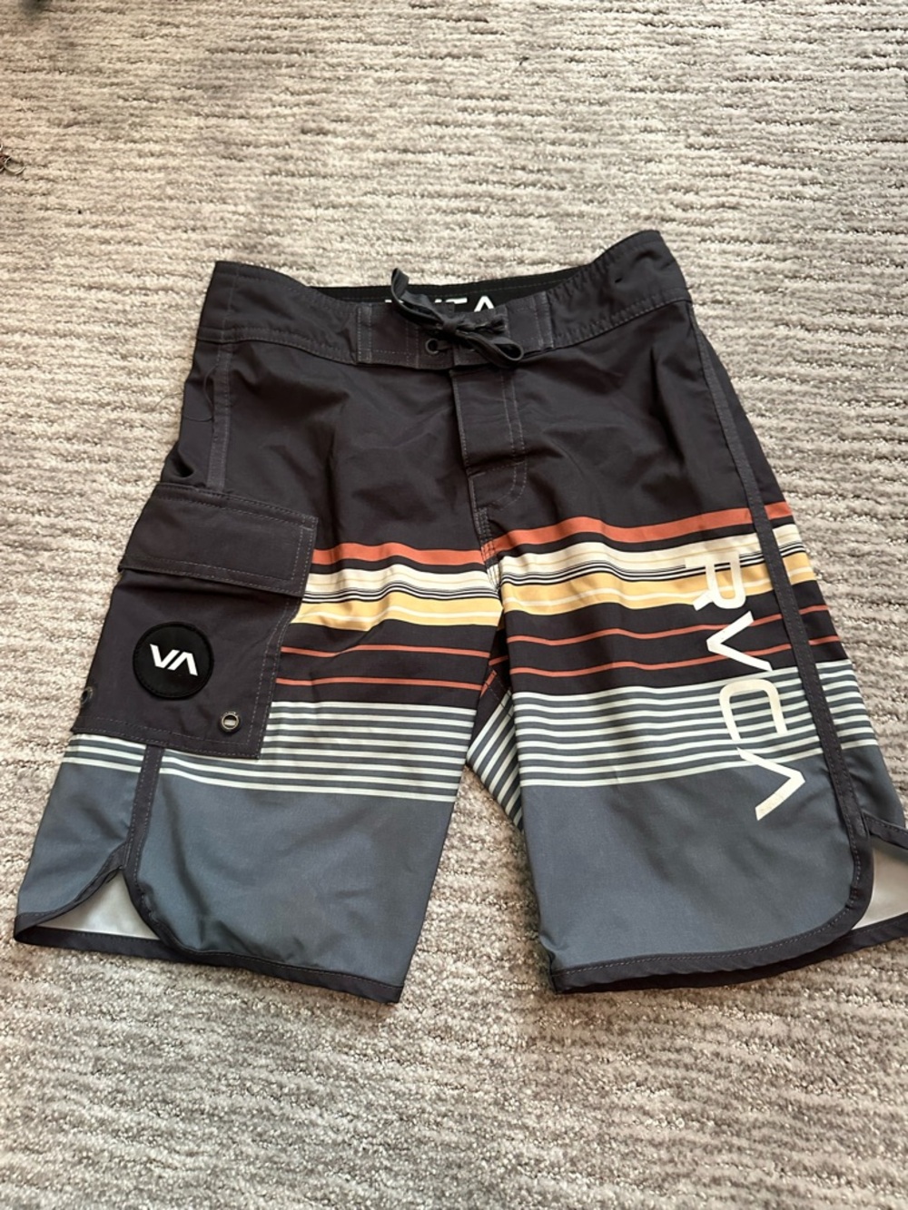 RVCA Boys Black Grey Striped Swim Trunks